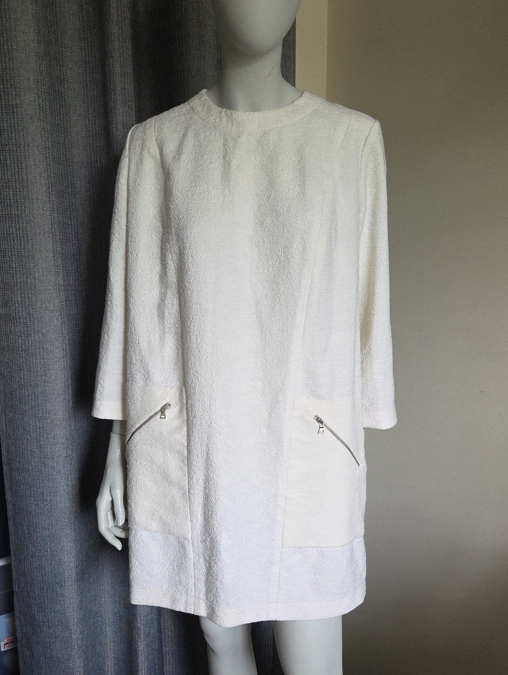 BCBGMaxAzria Lexia 3/4 Length Sleeve Bouclé Textured Shift Dress In Cream